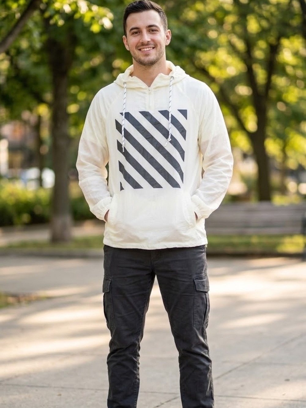 Off-White Cream Hooded Windbreaker with Black Diagonal Graphic